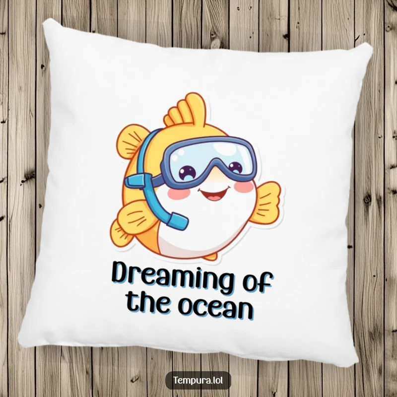 Funny tempura fish character with a tiny snorkel, smiling contentedly, perfect for a soft and funny pillow decoration.