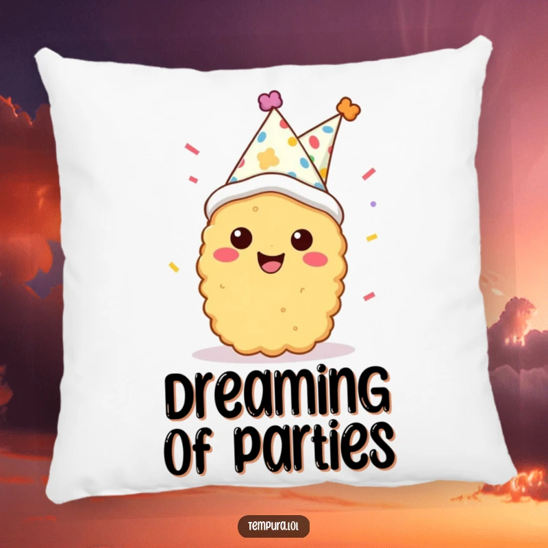 Funny tempura character wearing a party hat and confetti, looking incredibly happy on a soft, decorative pillow.