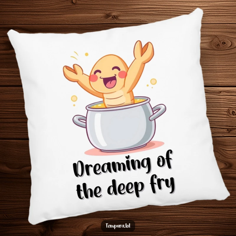 Funny tempura shrimp character joyfully leaping out of a cooking pot, featured on a soft, decorative pillow.