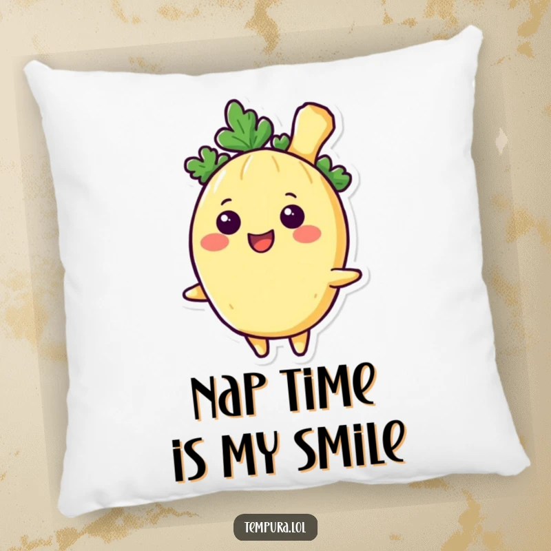 Funny Tempura Vegetable Pillow, illustrated with a big, happy smile, perfect for adding comfort and a dose of culinary joy.