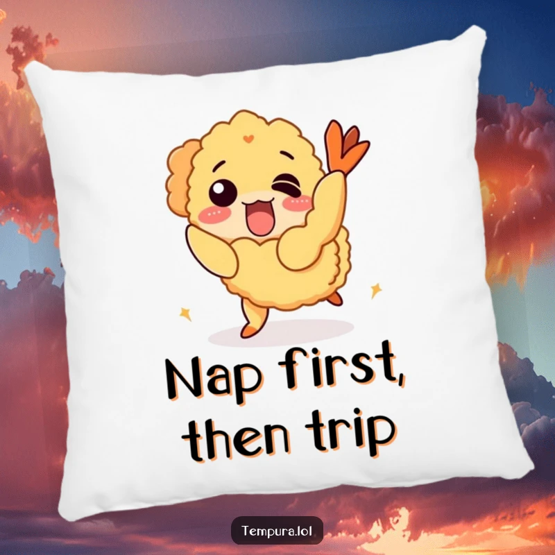 Funny Pillow featuring a cute tempura shrimp character comically tripping over its own crispy coating.