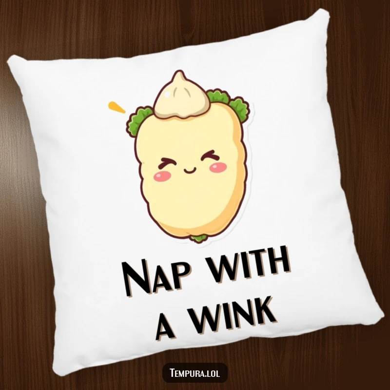 Funny tempura vegetable winking on a soft pillow, offering comfort and a touch of cheeky humor.