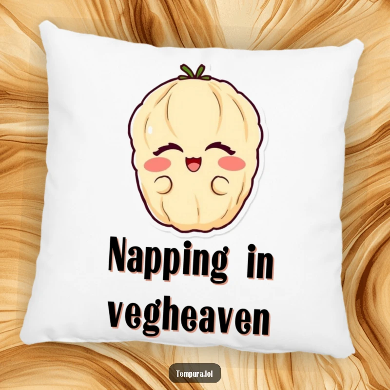 Funny vegetable tempura pillow with a happy tempura vegetable with eyes closed in pure glee.