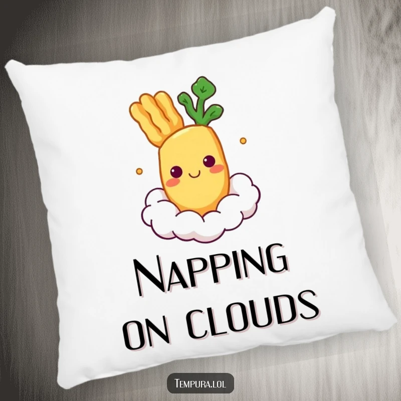 Funny Pillow featuring a smiling tempura vegetable character floating peacefully on a cloud.