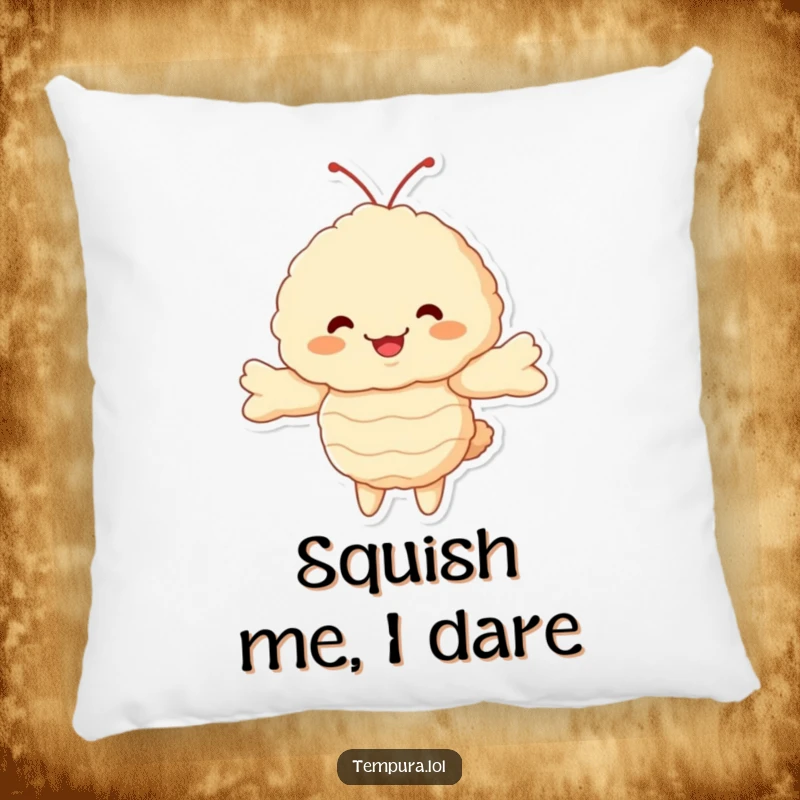 Funny Tempura Shrimp Pillow: A fluffy ebi character depicted in a welcoming, hug-ready pose, offering comfort and a touch of humor.