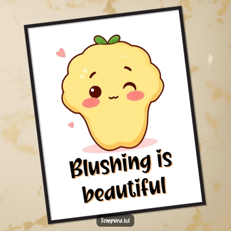 Funny tempura sweet potato with a surprised blush, offered as a digital art print for instant, humorous wall decor.