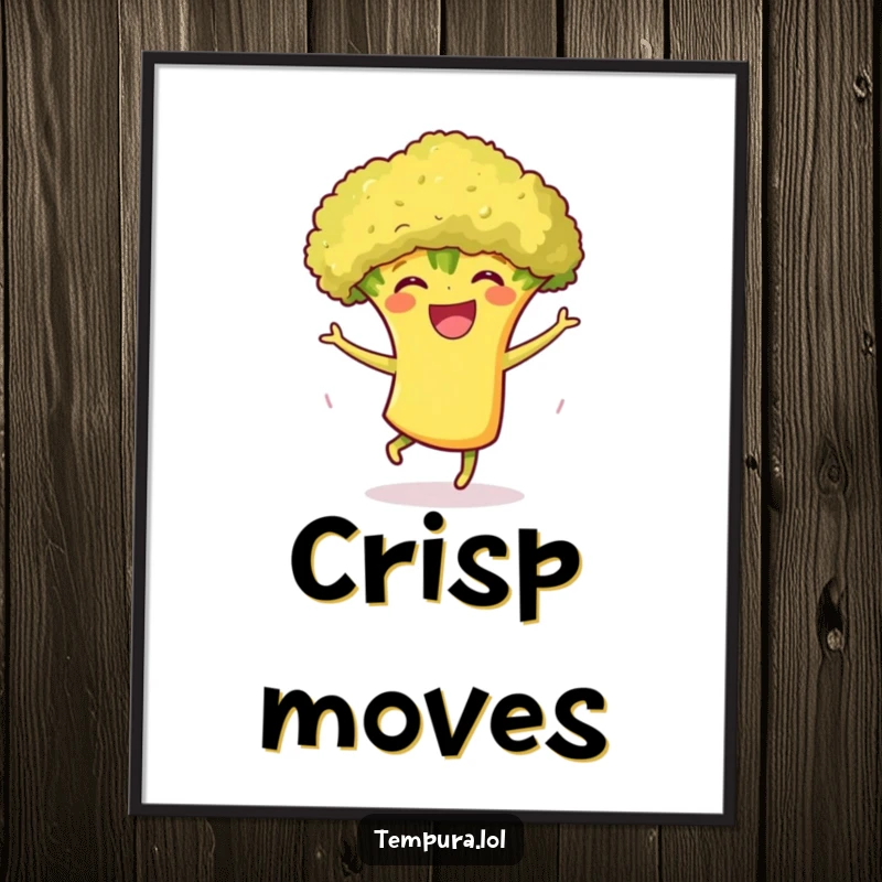 Funny Tempura Broccoli Dance Digital Art Print: A grinning tempura broccoli character joyfully dancing, ready to add humorous energy to any digital display or print.