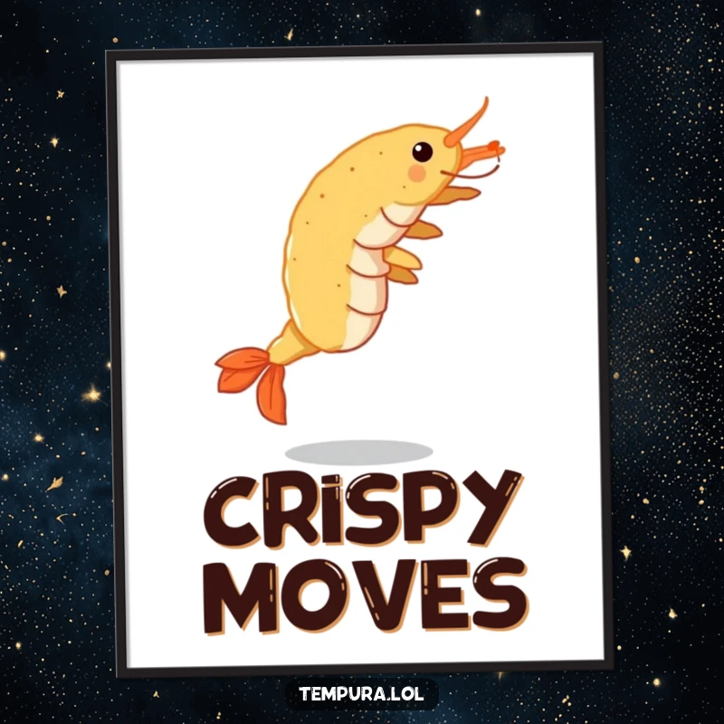 Funny Tempura Shrimp Digital Art Print: A crispy shrimp performing a cartwheel, ready for instant download, full of food-themed fun.