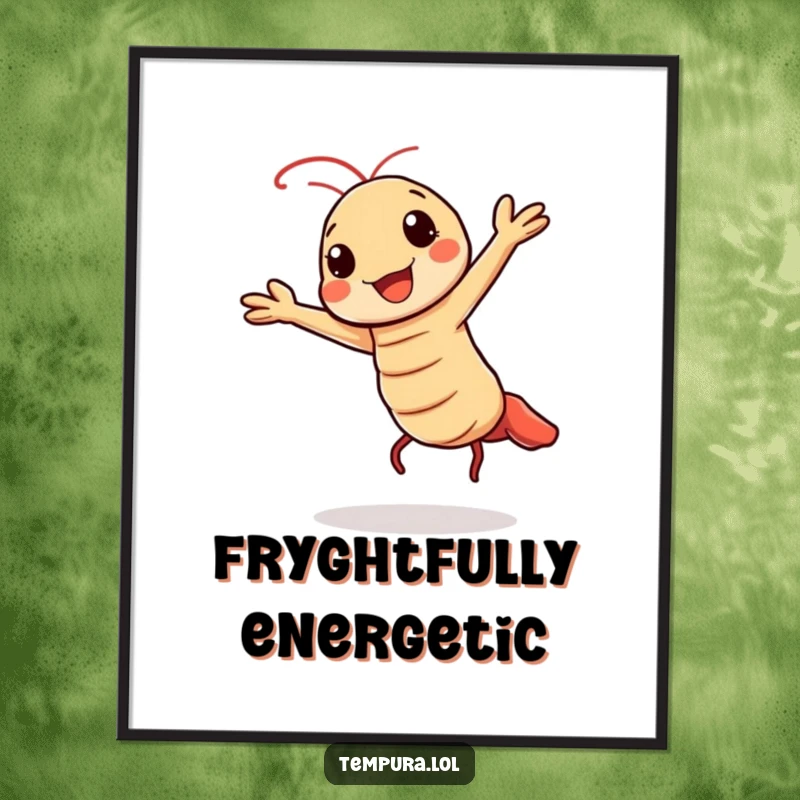 Funny digital art print of a Kawaii tempura shrimp character doing a cheerful, energetic dance.