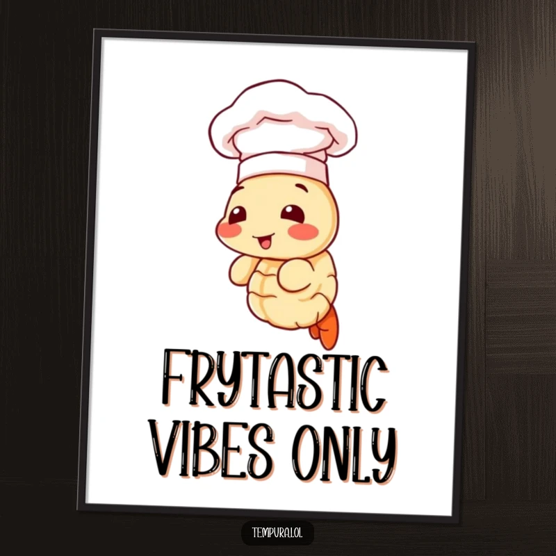 Funny digital art print of a tempura shrimp wearing a chef hat, ready to bring culinary humor to any digital display.