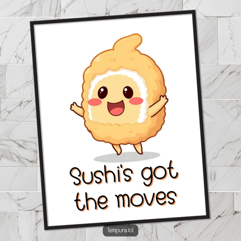 Funny smiling tempura sushi piece doing a little dance, available as a downloadable digital art print.