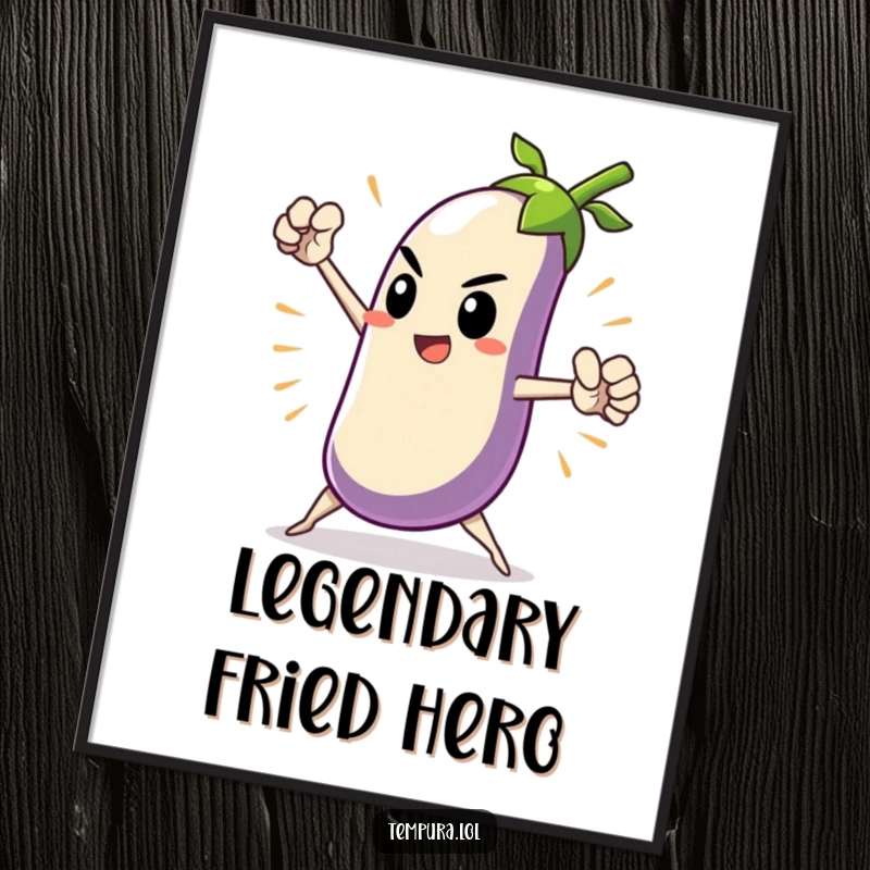 Funny Heroic Tempura Eggplant Digital Art Print of a tempura eggplant character in a dramatic, heroic pose, offering a humorous and epic decorative piece.