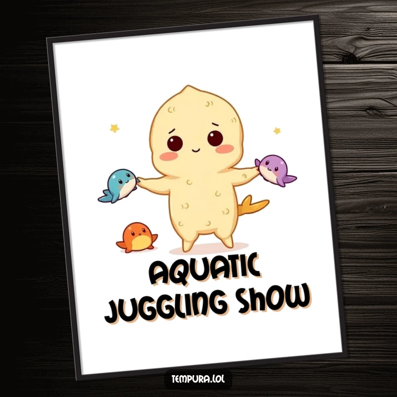 Funny tempura digital art print of a tempura character in action, skillfully juggling three tiny sea creatures, capturing a moment of playful performance.