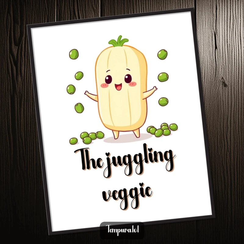 Funny Juggling Vegetable Digital Art Print, illustrated juggling small peas, ideal for instant, humorous, and entertaining wall decor.