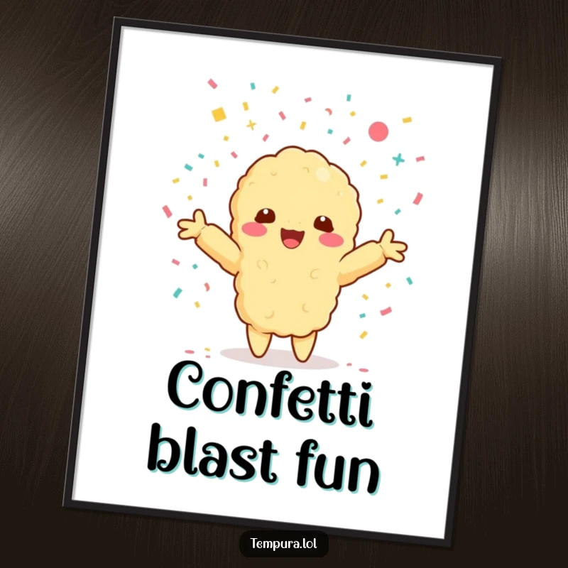 Funny digital art print of a Kawaii tempura shrimp character with arms outstretched, embracing a shower of confetti.