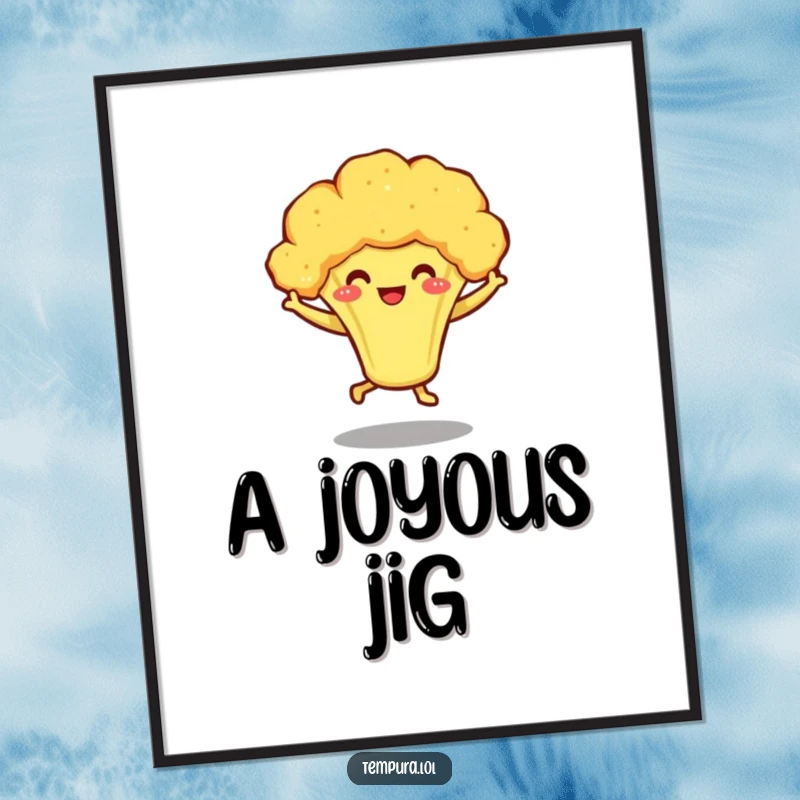 Funny digital art print of a smiling tempura broccoli character dancing energetically on little legs, offering veggie-themed fun.