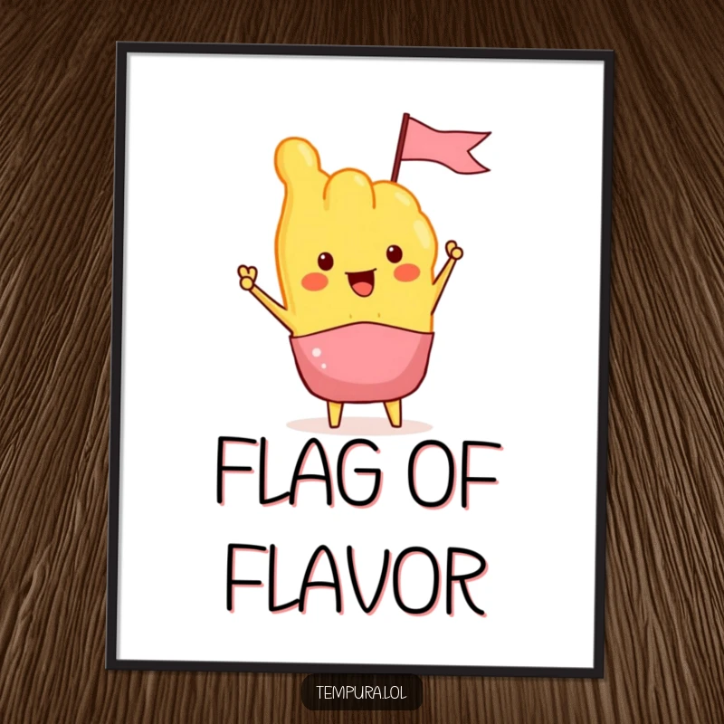 Funny Tempura Digital Art Print of a tempura piece enthusiastically waving a tiny flag, providing instant festive food-themed wall decor.