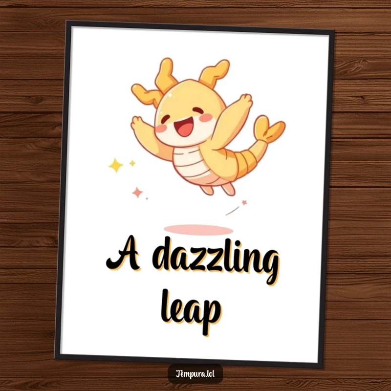 Funny digital art print of a crispy tempura shrimp leaping joyfully, leaving a trail of sparkles, offering food-themed fun.