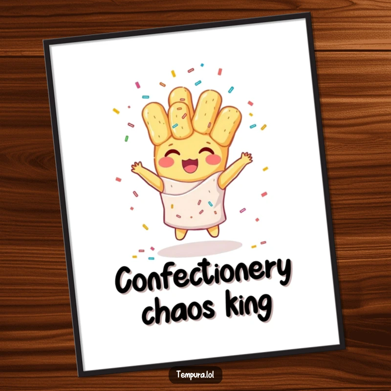 Funny digital art print of a happy tempura character juggling colorful sprinkles, perfect for adding cheerful and humorous decor.