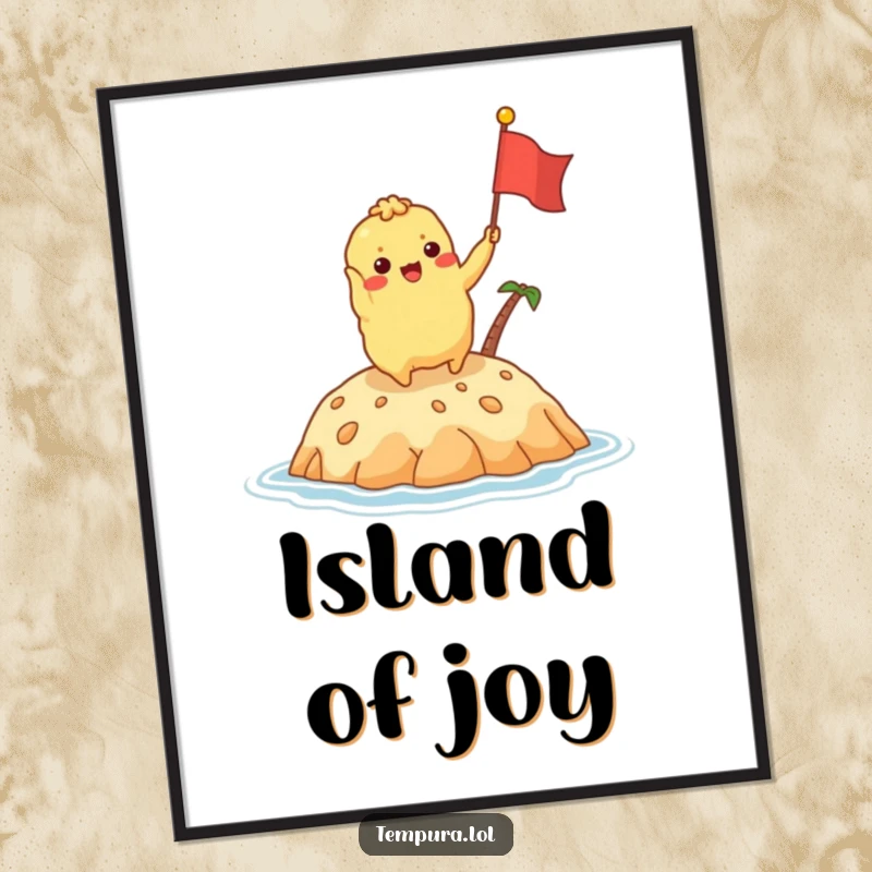 Funny tempura character excitedly waving a tiny flag on a delicious island in a digital art print, full of vacation joy.