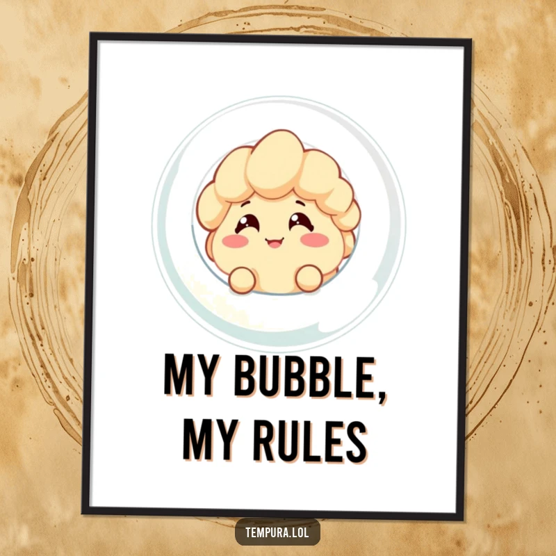 Funny digital art print of a tempura character with a cheeky grin peeking from a giant bubble, perfect for humorous home or office decor.