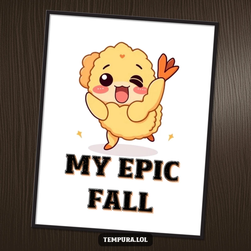 Funny Digital Art Print of a tempura shrimp character comically tripping over its own crispy coating.