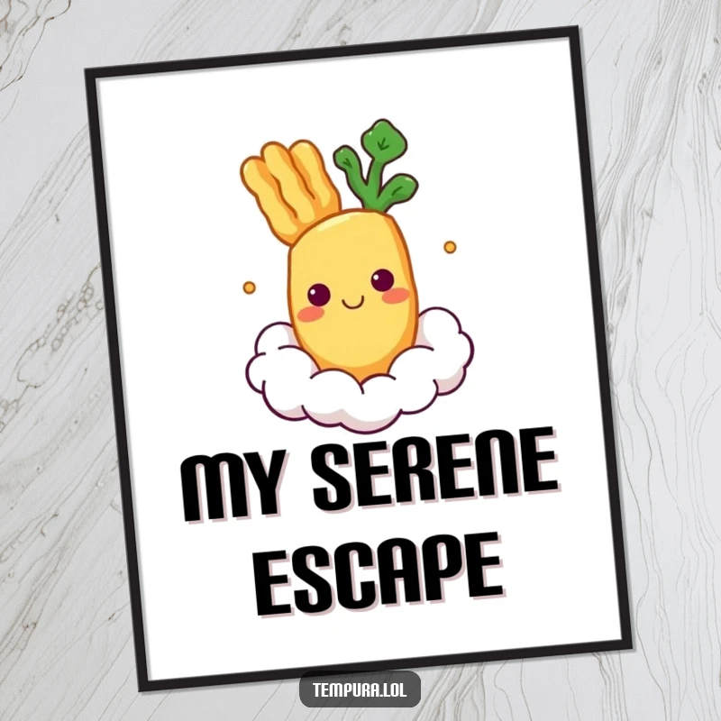 Funny Digital Art Print of a smiling tempura vegetable character floating peacefully on a cloud.