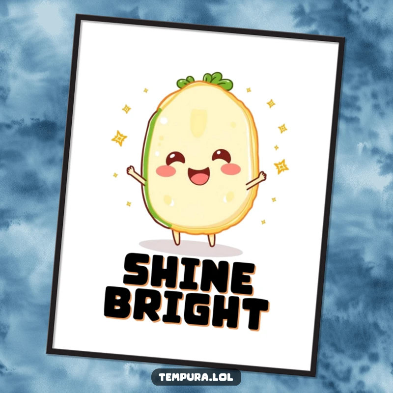 Funny Sparkling Veggie Slice Digital Art Print: A happy tempura vegetable slice character juggling sparkles, ready to add whimsical humor to any digital display or print.