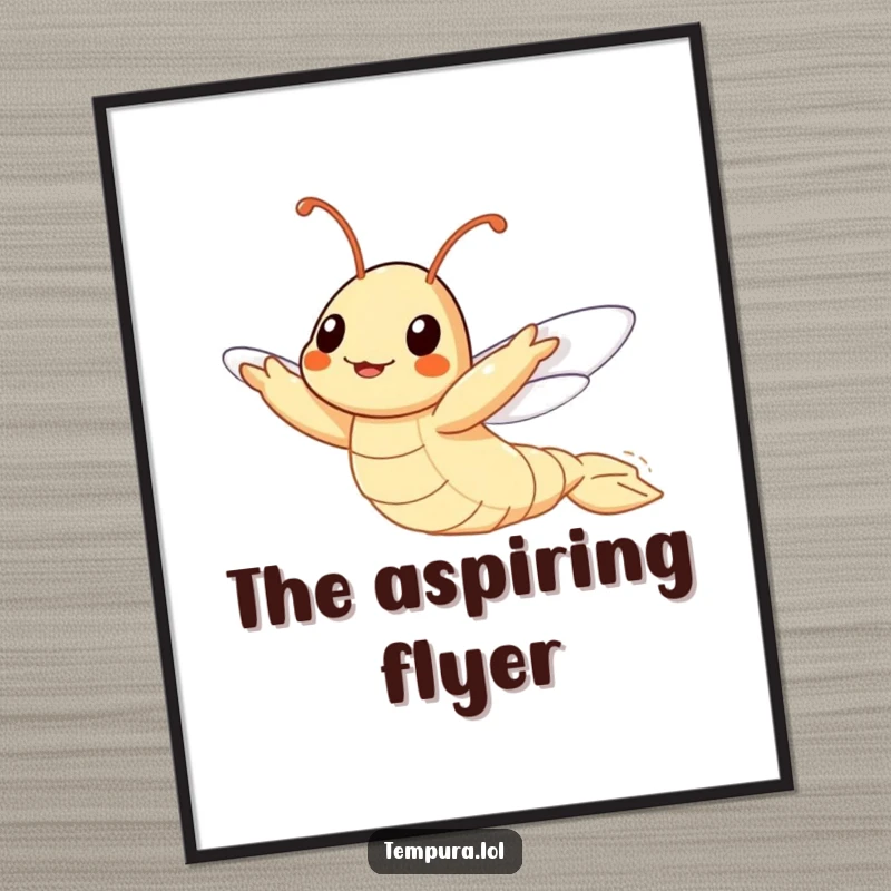 Funny Flying Tempura Shrimp Digital Art Print, illustrated attempting to fly, ideal for instant, motivational, and humorous wall decor.