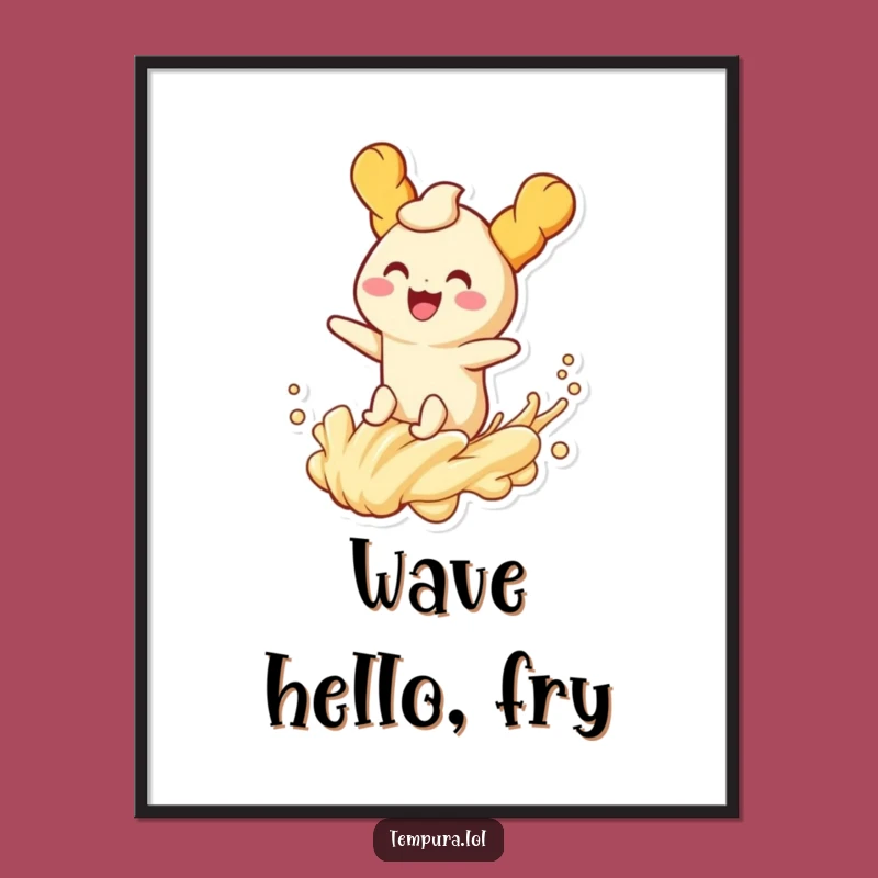 Funny Tempura Wave Rider Digital Art Print: Joyful Fried Character Riding Batter