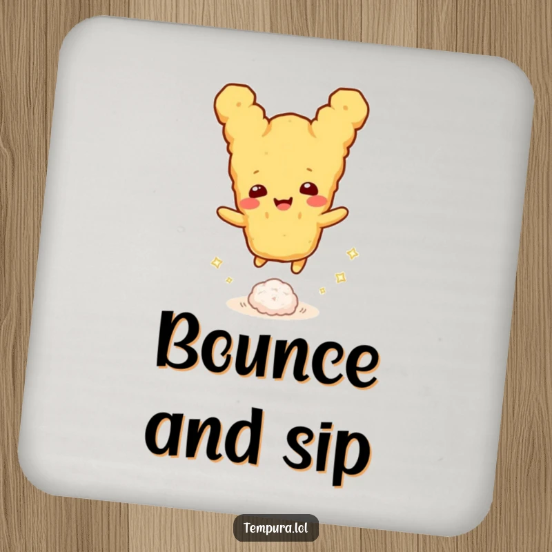 Funny tempura character happily bouncing a tiny sparkling rice ball, ideal for a humorous drink coaster, a funny gift.
