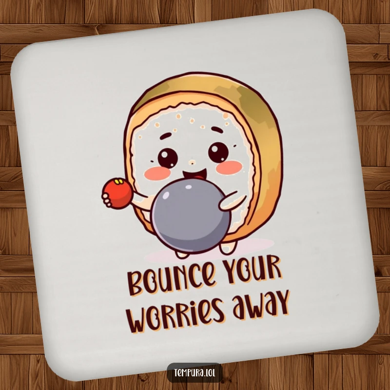 Funny Drink Coasters featuring a grinning Kawaii sushi roll character bouncing a ball.
