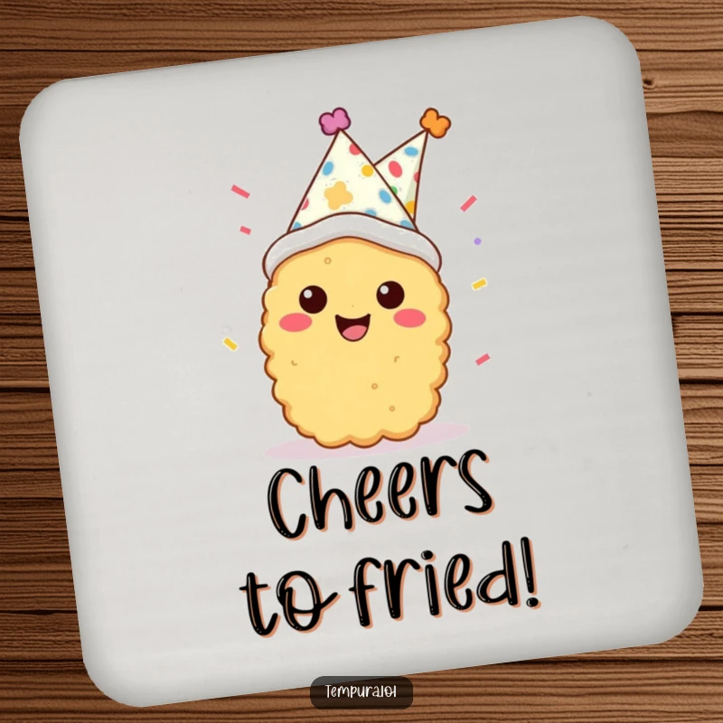 Funny tempura character wearing a party hat and confetti, smiling on a set of drink coasters, adding festive flair.