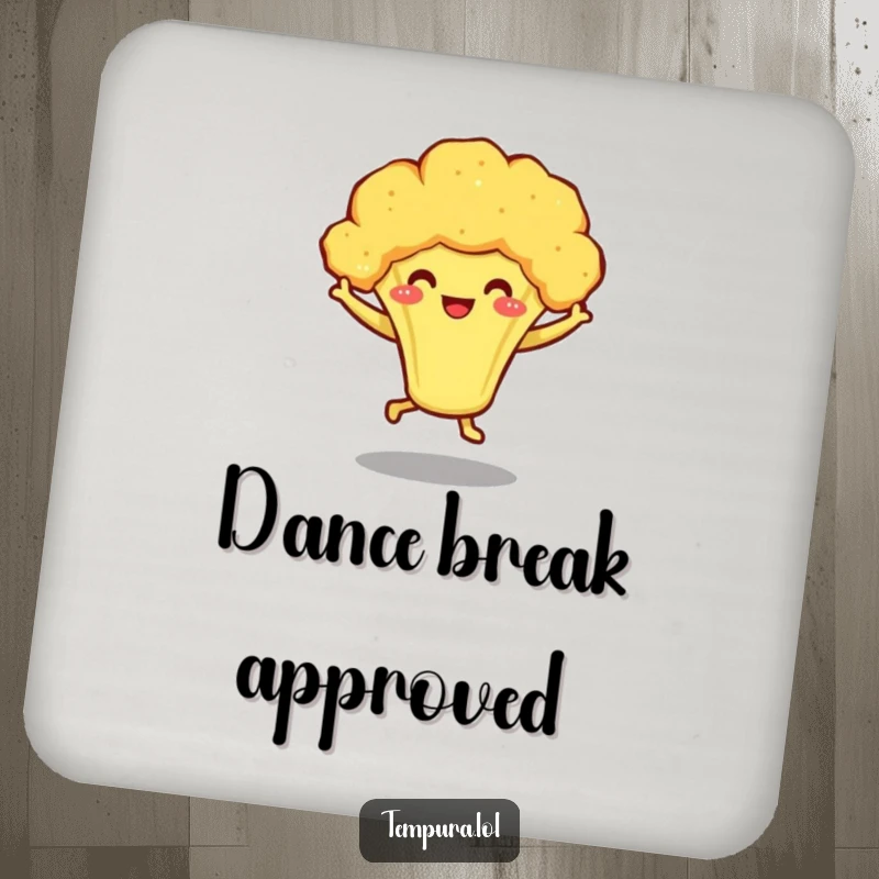 Funny drink coasters featuring a smiling tempura broccoli character dancing on little legs, protecting tables with veggie charm.