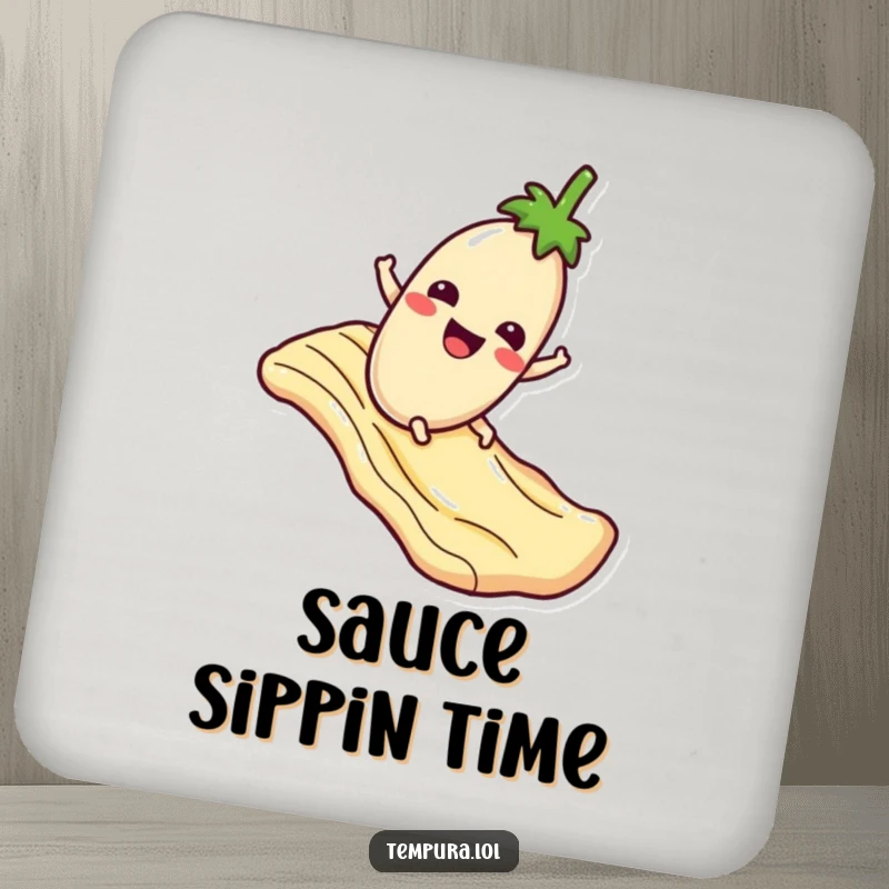 Funny Coaster: A happy tempura eggplant sliding down a sauce slide, bringing humorous food vibes to any drink.
