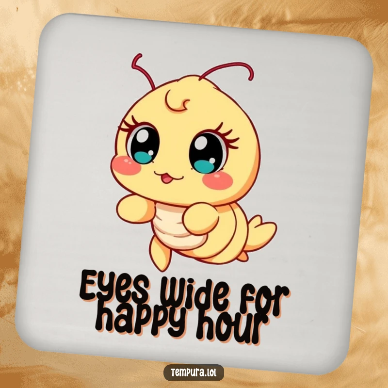 Funny Excited Shrimp Drink Coaster, depicted with wide, excited eyes, adding a humorous and protective touch to any table.