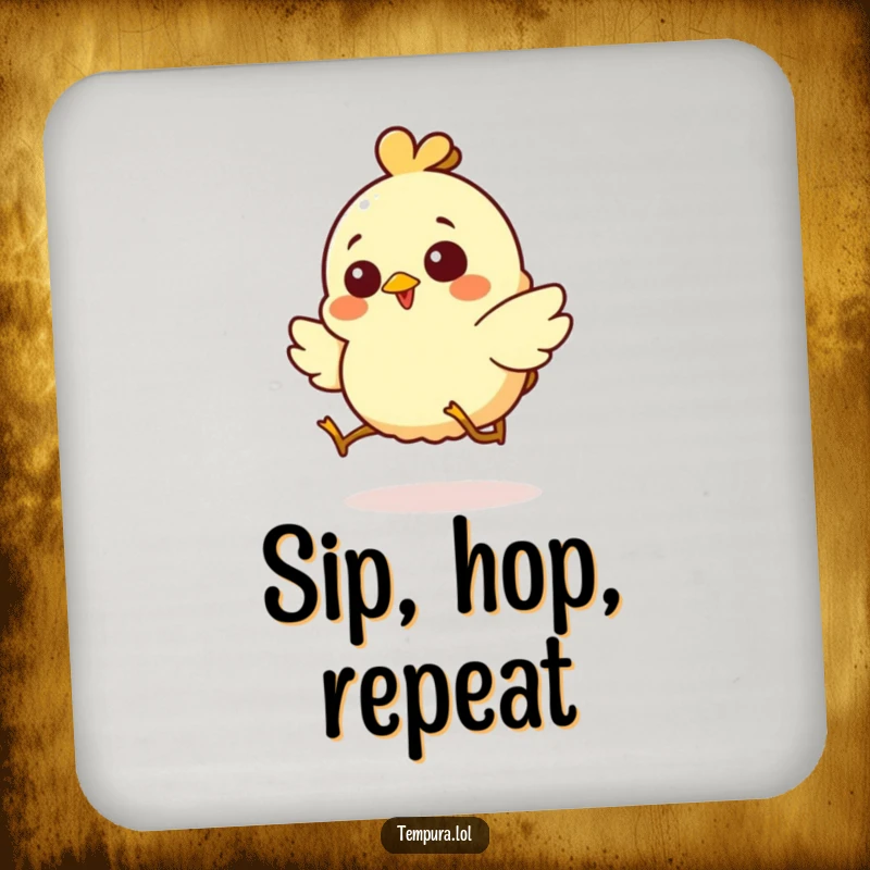 Funny drink coasters featuring a giggling chicken tempura character doing a silly hop, adding humor to gatherings.