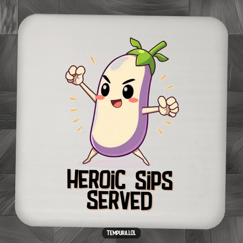 Funny Heroic Tempura Eggplant Coaster featuring a tempura eggplant character in a dramatic, heroic pose, protecting surfaces with a humorous and epic design.
