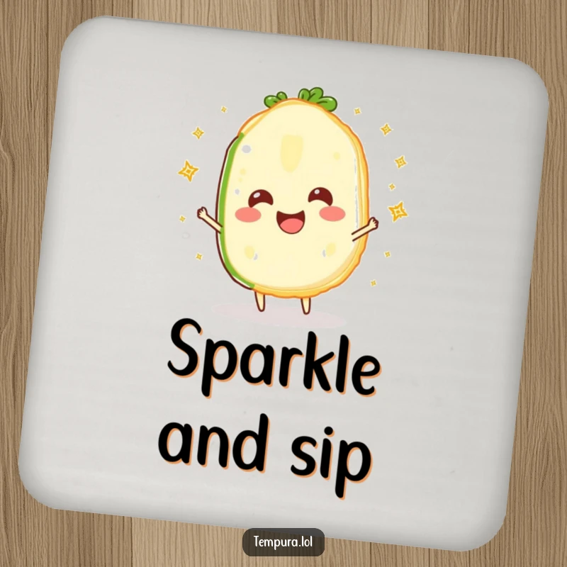 Funny Sparkling Veggie Slice Coaster: A happy tempura vegetable slice juggling sparkles, protecting surfaces with a touch of whimsical humor.