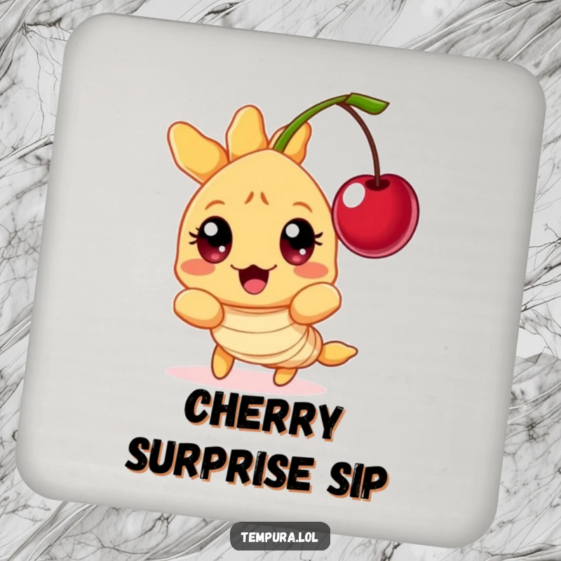 Funny Tempura Shrimp Coaster: A wide-eyed tempura shrimp character reacting with surprise to a floating cherry, adding humor to surface protection.