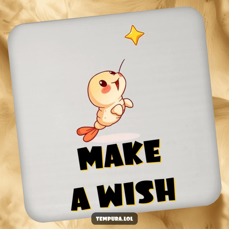 Funny drink coasters featuring a surprised tempura shrimp character looking up at a falling star, adding magic.