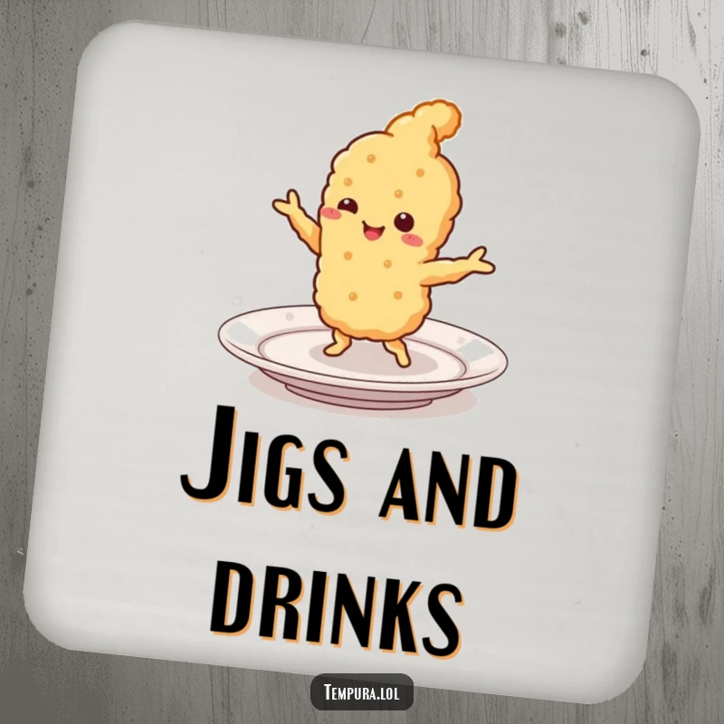 Funny Tempura Coasters: A smiling piece of fried food doing a lively jig on a plate, protecting surfaces with a humorous and appetizing design.