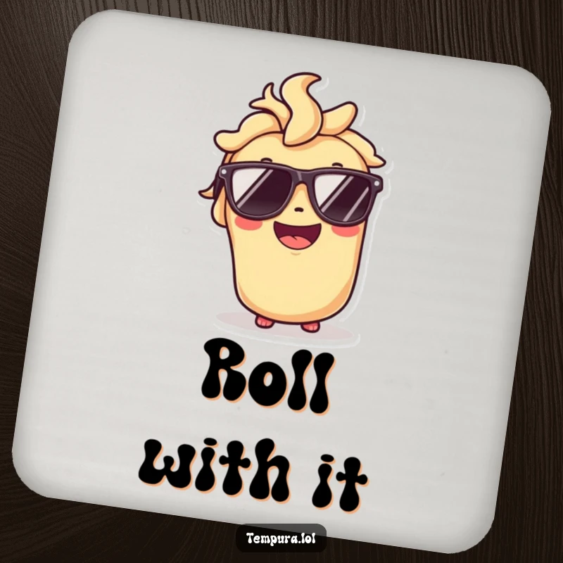 Funny drink coasters featuring a tempura roll character in sunglasses with a broad smile, adding cool flair.