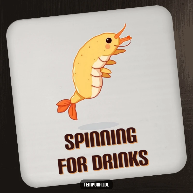 Funny Tempura Shrimp Coasters: A set featuring a crispy shrimp doing a cartwheel, offering humorous protection for surfaces.
