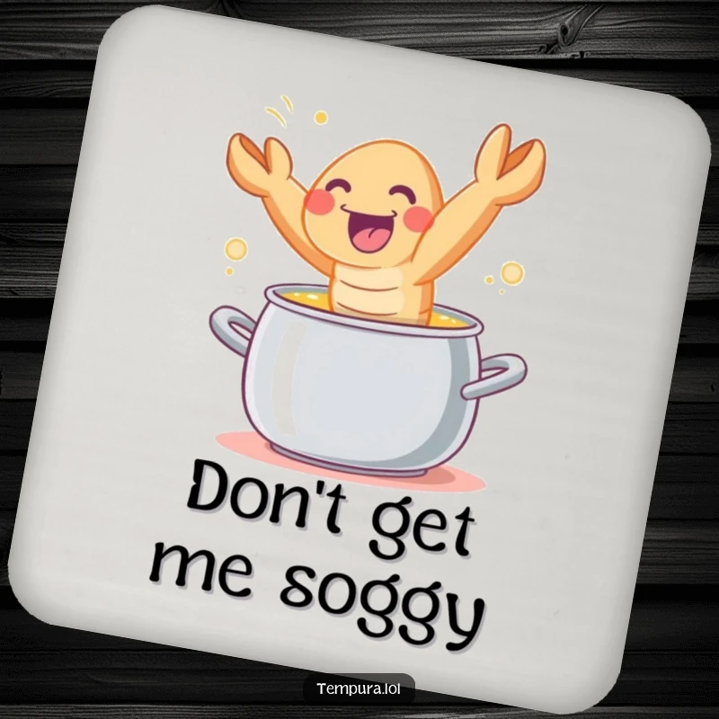 Funny tempura shrimp character joyfully leaping out of a cooking pot, designed as a protective drink coaster.