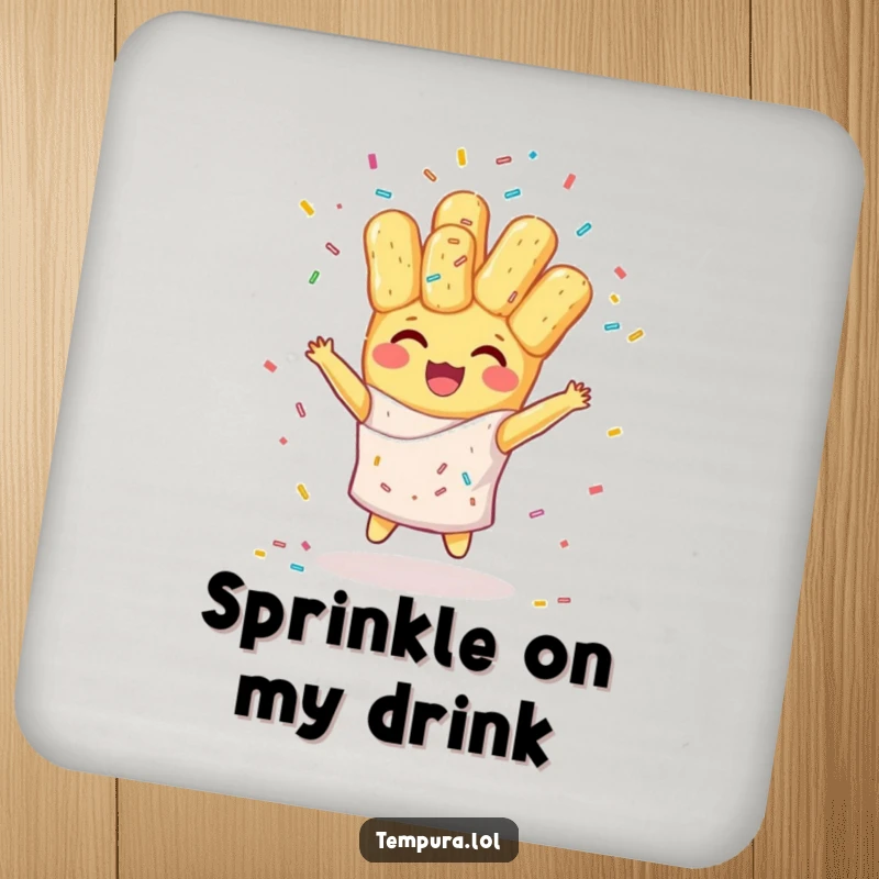 Funny coaster featuring a happy tempura character juggling colorful sprinkles, perfect for protecting surfaces with a touch of humor and sweetness.