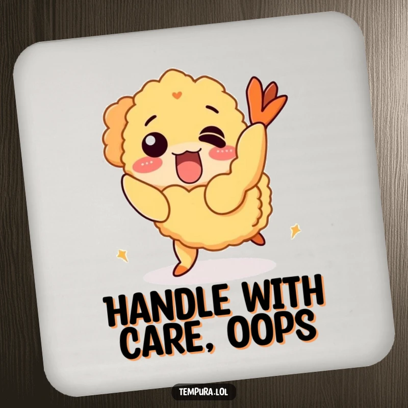 Funny Drink Coasters featuring a tempura shrimp character comically tripping over its crispy coating.