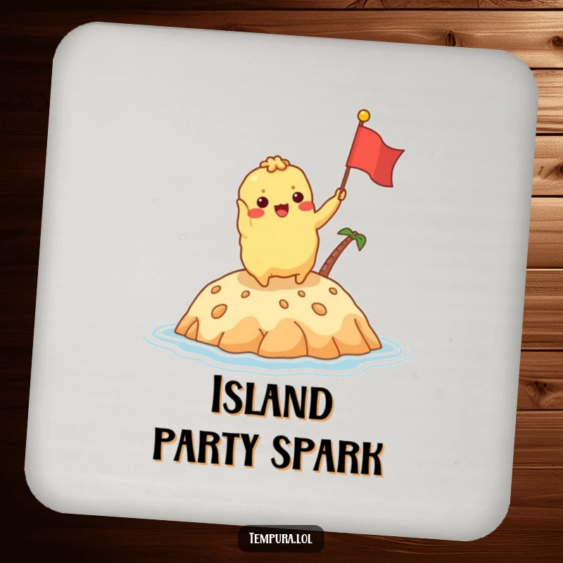 Funny tempura character excitedly waving a tiny flag on a delicious island on a drink coaster, adding a touch of fun.
