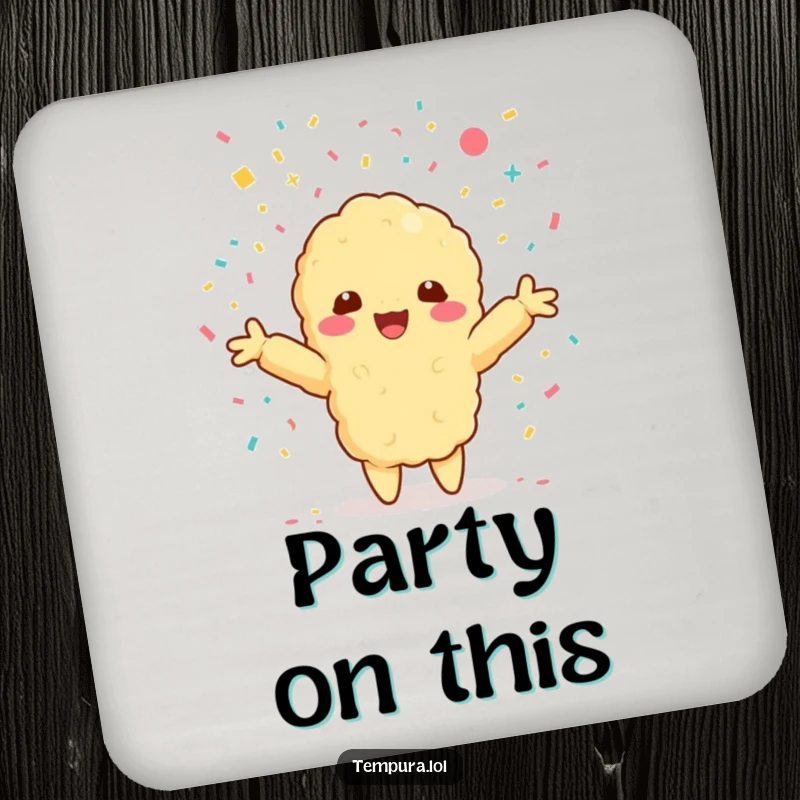 Funny drink coasters featuring a Kawaii tempura shrimp character with arms outstretched, embracing a shower of confetti.