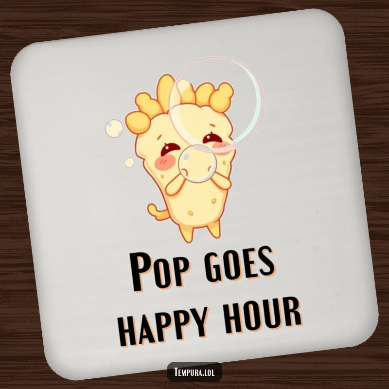 Funny tempura character blowing a huge, shimmering bubble, a humorous drink coaster to protect surfaces.